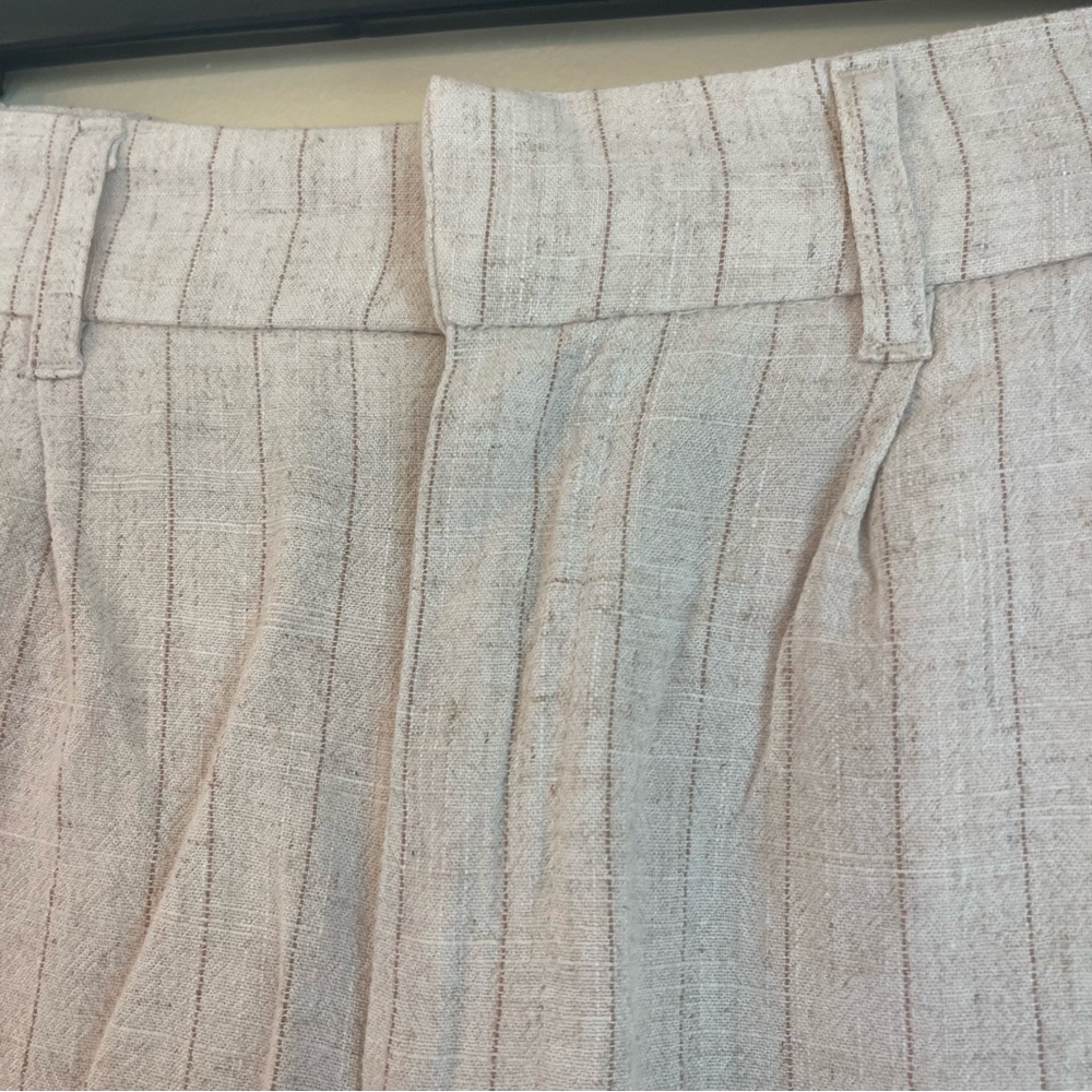 Linen Blend High Rise Pleated Shorts S Neutral Stripe Pockets Minimalist Summer - Picture 4 of 5